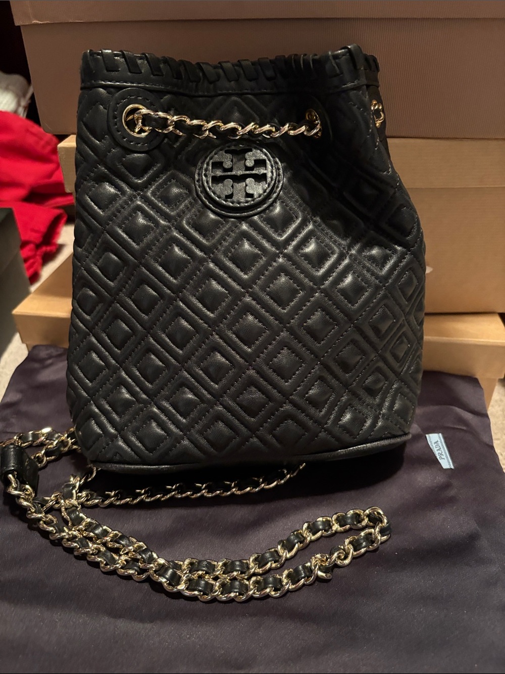 Tory Burch Black Quilted Leather Chain-Trim Drawstring Bucket Bag